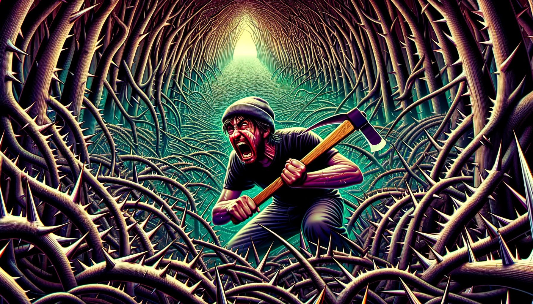 Man with axe yells in a tunnel of twisted thorns.