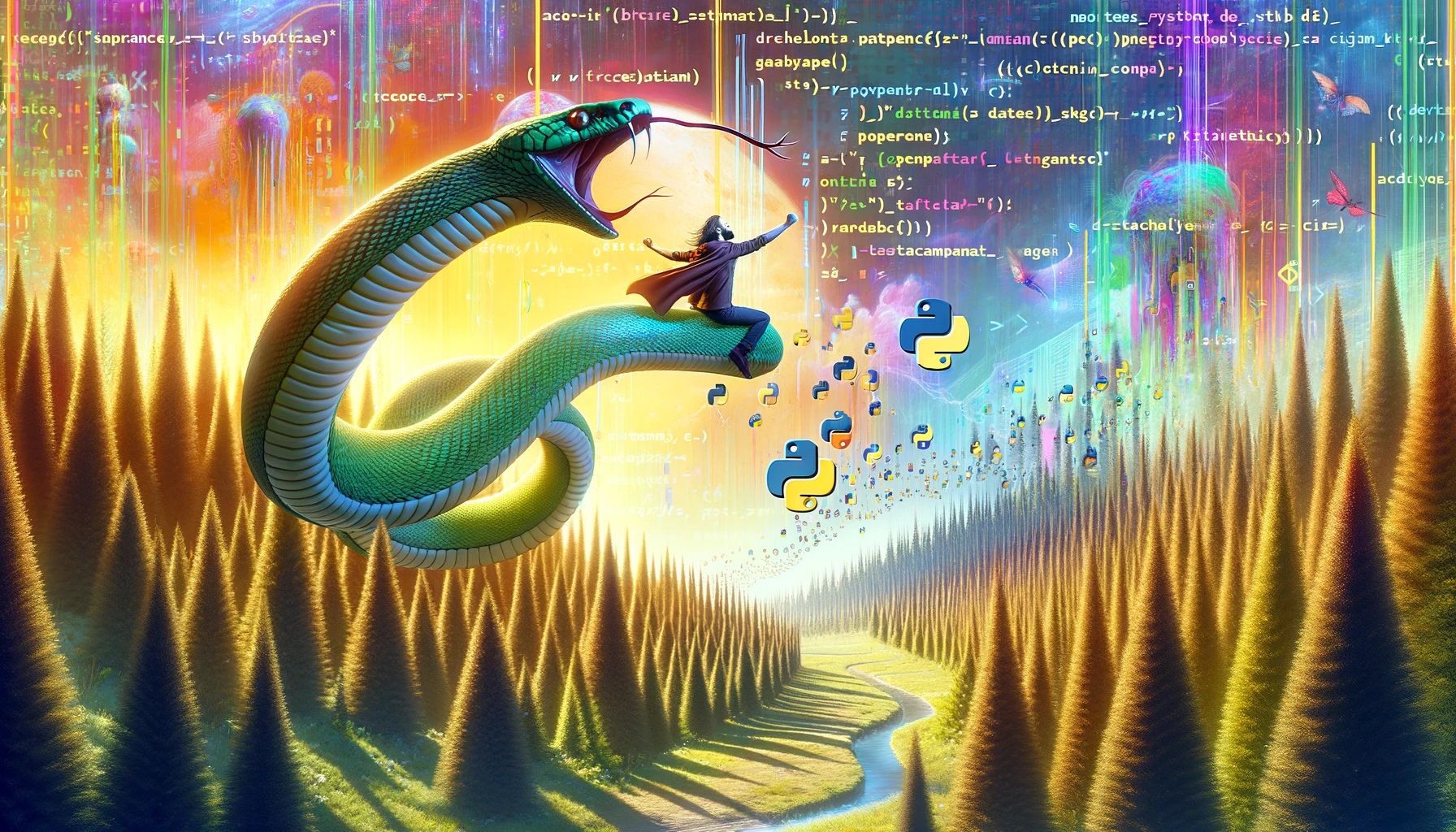 Wizard on a serpent in a digital forest with Python icons and code rain