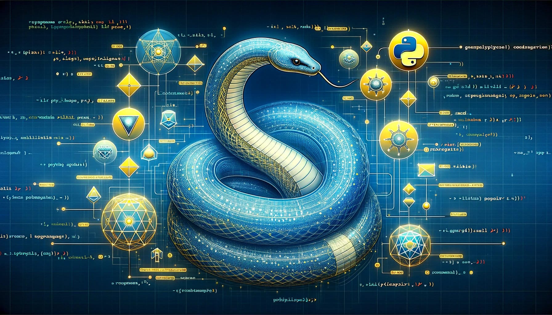 A Python entwined in digital code orbits, showcasing the dynamic capabilities of Python protocols.