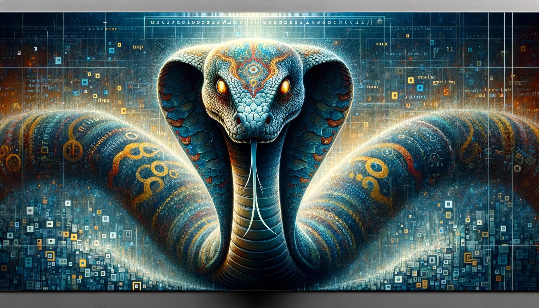 A snake with a Python logo emerges from a digital landscape, representing the depth of recursive programming concepts.