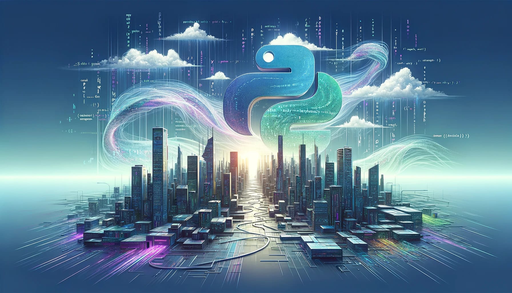 Python logo hovers above a futuristic city, where data flows like energy, symbolizing Python's expansive role in technology.