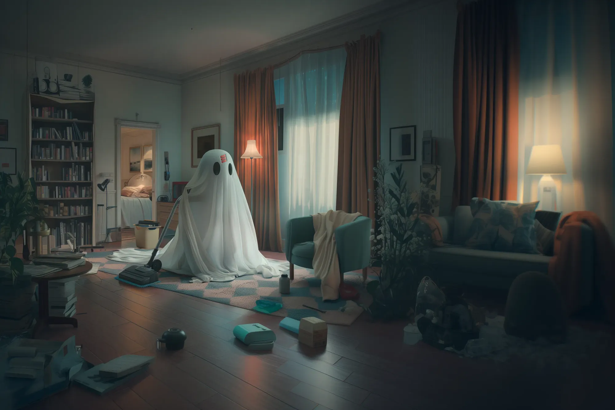 A friendly ghost with a sheet over its head, vacuuming a cozy, slightly messy living room, symbolizing the helpful nature of phantom types in programming.