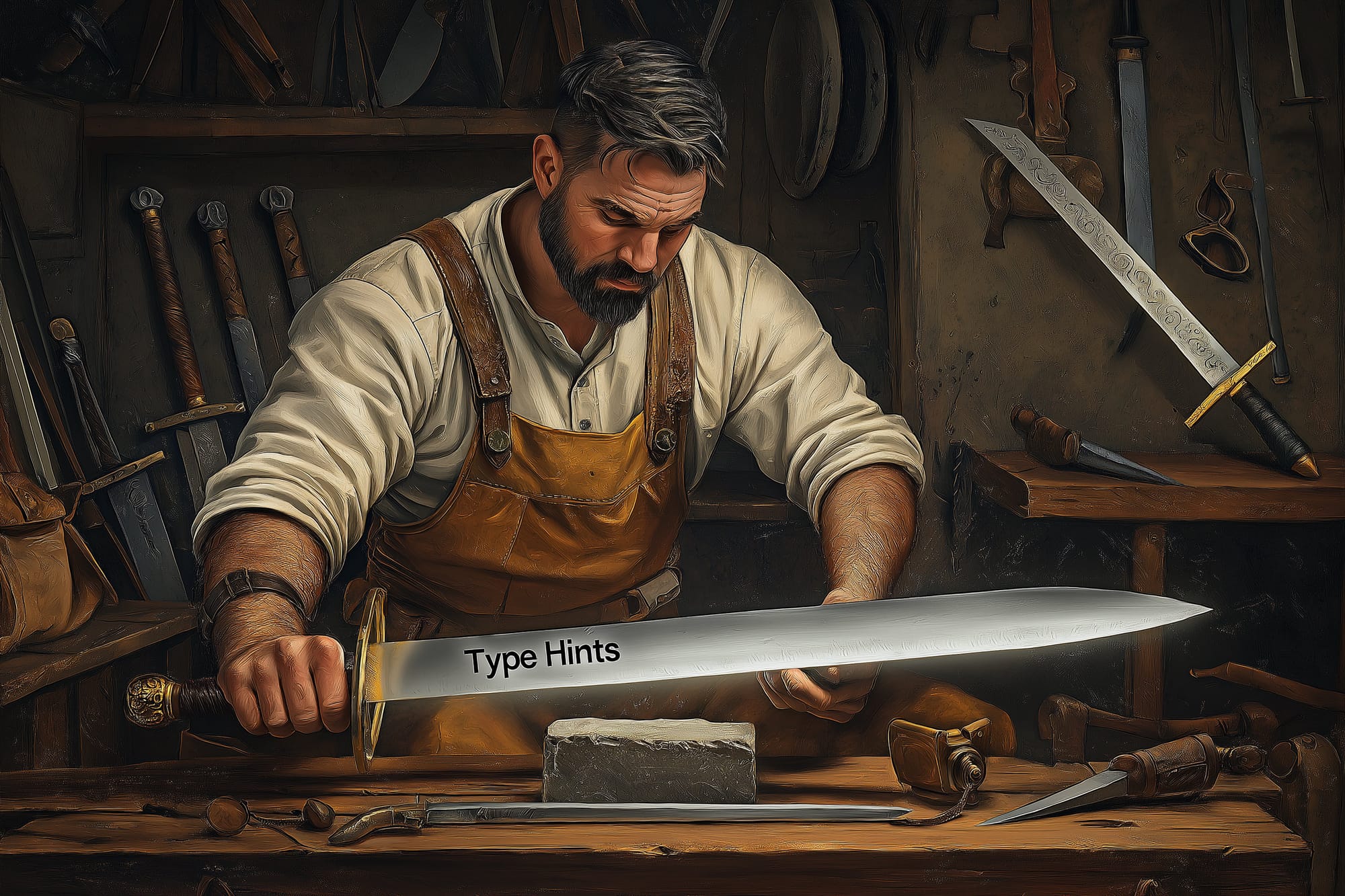 A blacksmith carefully sharpening a large sword labeled 'Type Hints' in a workshop, symbolizing the precision and strength type hints bring to Python code.