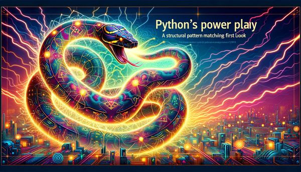 Illuminated cybernetic snake coils above a futuristic cityscape with vibrant lightning.