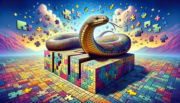 Circuit-patterned snake atop puzzle cubes in a surreal, colorful landscape.