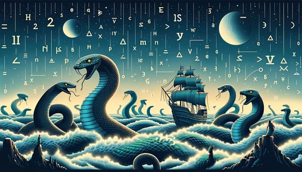 A digital art piece with sea serpents and a sailing ship, set against a backdrop of coding and mathematical symbols.