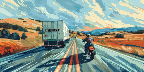 Motorcyclist on a straight road with a jacket labeled 'U' passing a truck on a winding road labeled 'Either'.