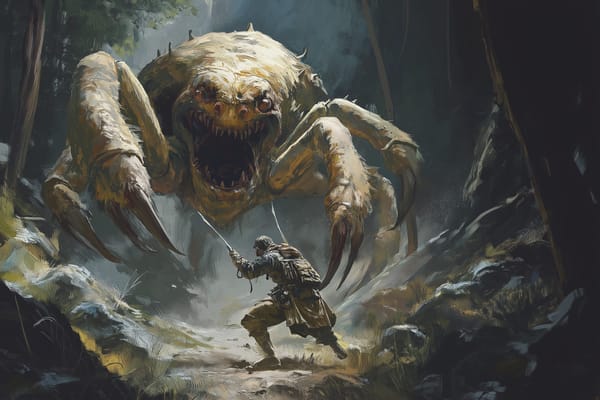 A warrior faces a giant monster in a dark forest, symbolizing the battle against hidden bugs in programming.