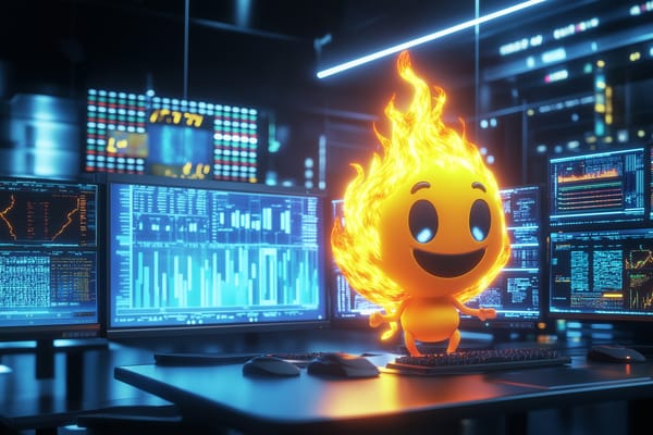 Cartoon flame character at a computer with monitors showing financial graphs in a high-tech AI trading setup.